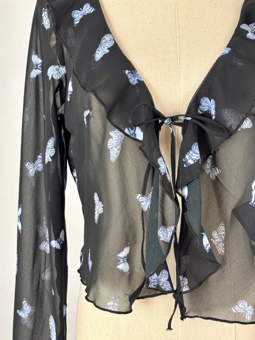 Y2K Butterfly Sheer Crop Cardigan Top Bell Sleeves Ruffle Dark Fairy Whimsical - Picture 3 of 9